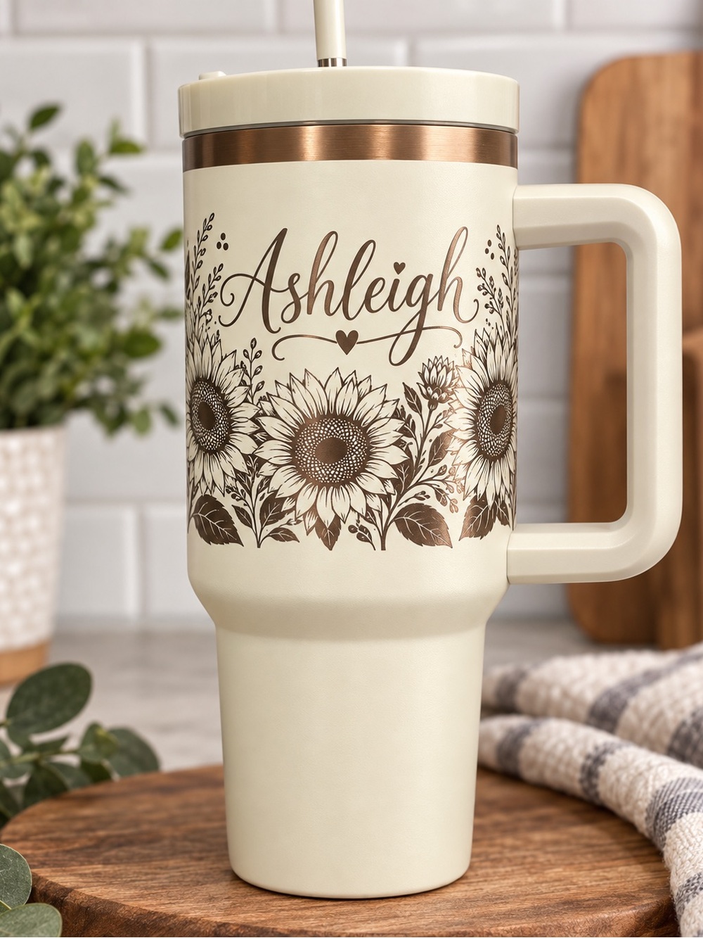 Personalized Cream Sunflower Travel Tumbler with Handle - Picture 1 of 6